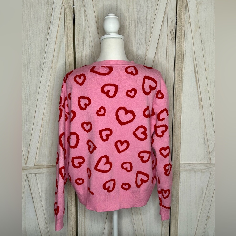 33 Degrees Pink and Red Heart Cardigan women sz Large Valentines cottagecore - Picture 6 of 12